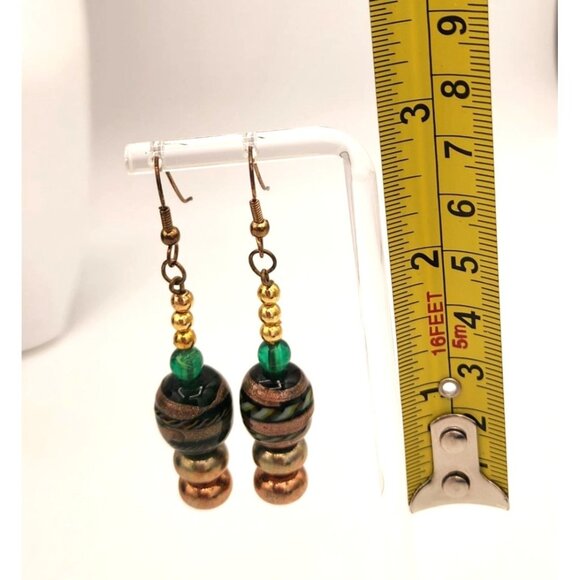 Handcrafted Brass & Coppery Murano Glass Beaded Dangle Earrings Warm Fall Colors - Picture 5 of 5